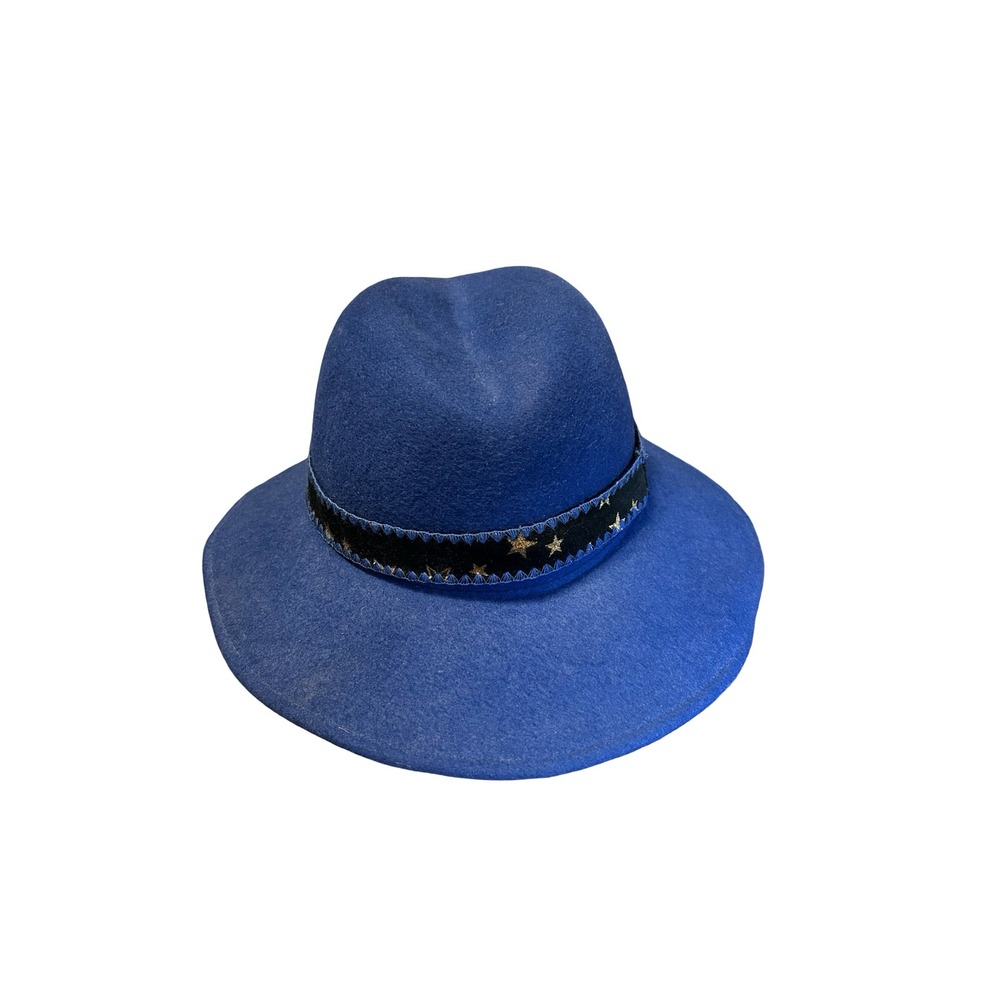 Vintage Blue Wool Wide Brim Fedora Hat Gold Star Band Made in USA WPL 4384